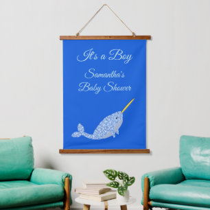 Cute Blue Baby Boy Narwhal Custom Baby Shower Hanging Tapestry