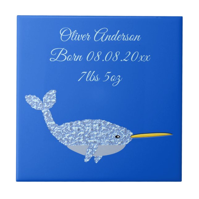Cute Blue Baby Boy Narwhal Custom Birth Tile (Front)