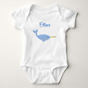 Cute Blue Baby Boy Narwhal Custom Name Bodysuit