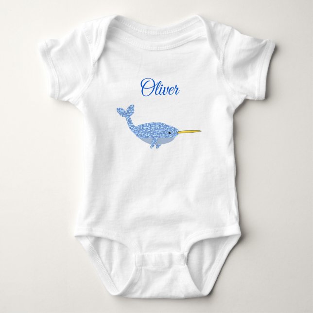 Cute Blue Baby Boy Narwhal Custom Name Bodysuit (Front)