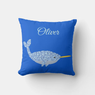 Cute Blue Baby Boy Narwhal Custom Name Cushion