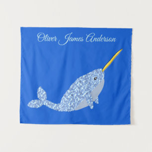 Cute Blue Baby Boy Narwhal Custom Name Nursery Tapestry