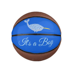 Cute Blue Baby Boy Narwhal Gender Reveal Custom Mini Basketball