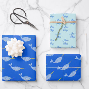 Cute Blue Baby Boy Narwhal Gender Reveal Wrapping Paper Sheet