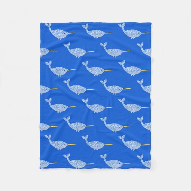 Cute Blue Baby Boy Narwhal Patterned Fleece Blanket (Front)