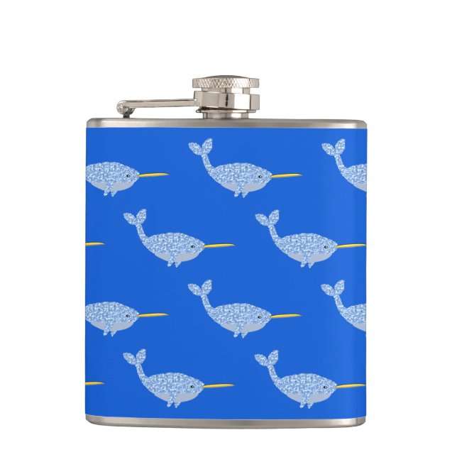 Cute Blue Baby Boy Narwhal Patterned Hip Flask (Front)