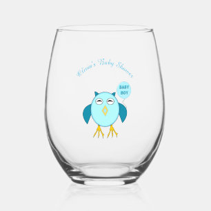 Cute Blue Baby Boy Owl Baby Shower Custom Stemless Wine Glass