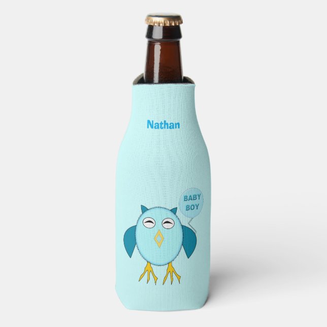 Cute Blue Baby Boy Owl Bottle Cooler (Bottle Front)