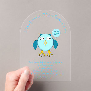 Cute Blue Baby Boy Owl Custom Baby Shower Acrylic Invitations