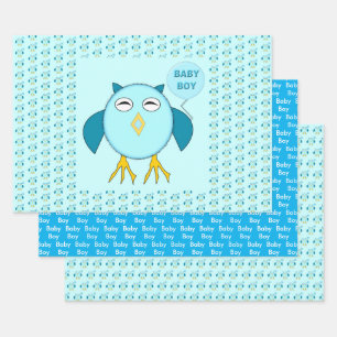 Cute Blue Baby Boy Owl Custom Wrapping Paper Sheet