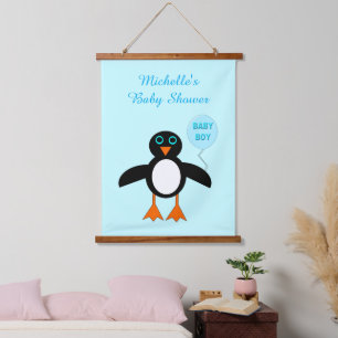 Cute Blue Baby Boy Penguin Baby Shower Custom Hanging Tapestry