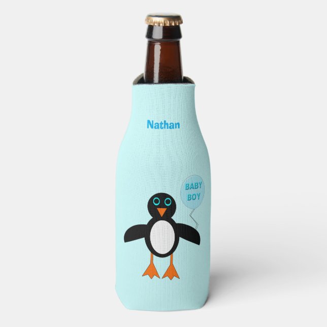 Cute Blue Baby Boy Penguin Bottle Cooler (Bottle Front)