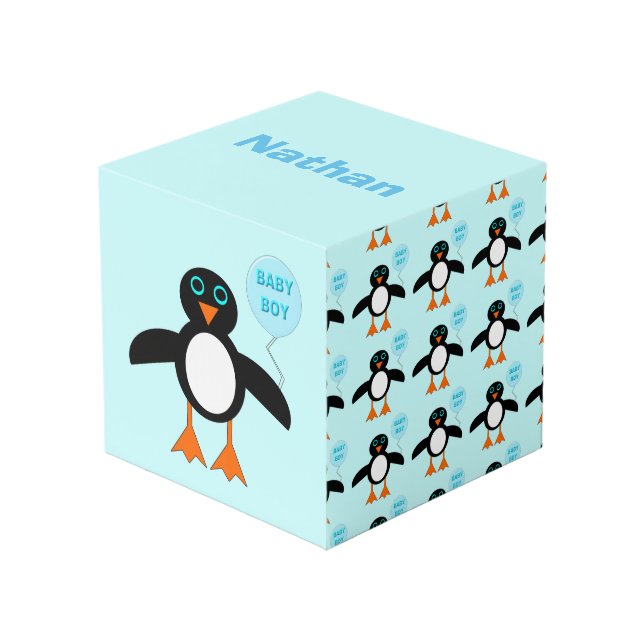 Cute Blue Baby Boy Penguin Personalised Cube (Front Angled)