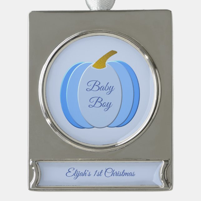 Cute Blue Baby Boy Pumpkin Custom 1st Christmas Silver Plated Banner Ornament (Front)