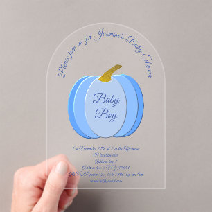 Cute Blue Baby Boy Pumpkin Custom Baby Shower Acrylic Invitations