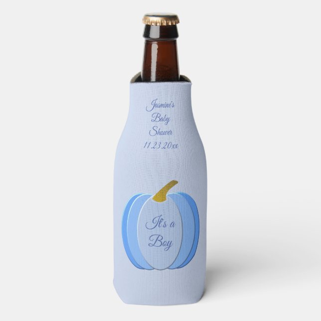Cute Blue Baby Boy Pumpkin Custom Baby Shower Bottle Cooler (Bottle Front)