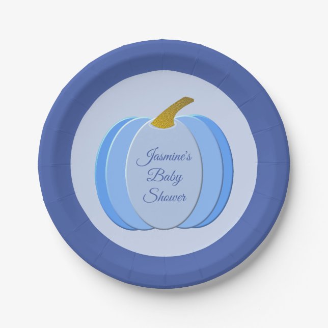 Cute Blue Baby Boy Pumpkin Custom Baby Shower Paper Plate (Front)