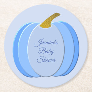 Cute Blue Baby Boy Pumpkin Custom Baby Shower Round Paper Coaster