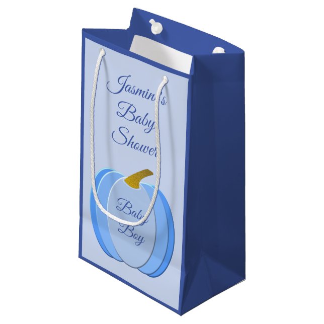 Cute Blue Baby Boy Pumpkin Custom Baby Shower Small Gift Bag (Front Angled)