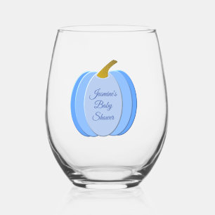 Cute Blue Baby Boy Pumpkin Custom Baby Shower Stemless Wine Glass
