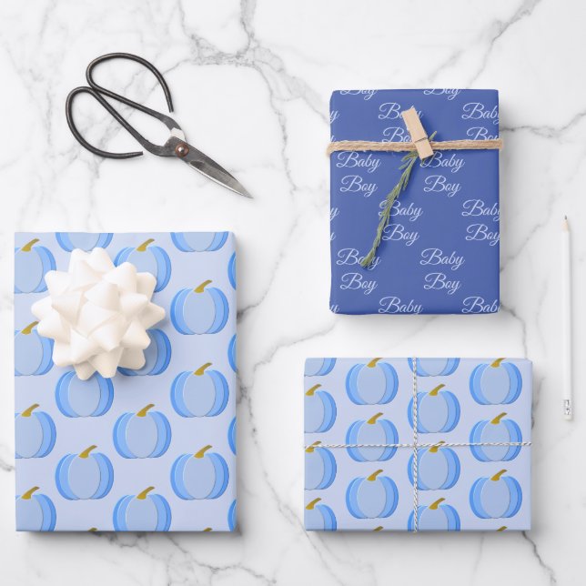 Cute Blue Baby Boy Pumpkin Custom Patterned Wrapping Paper Sheet (Front)