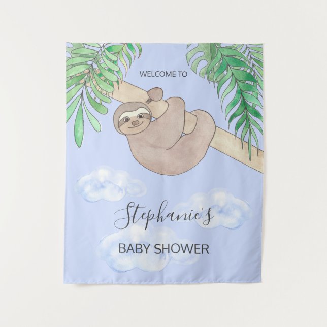 Cute Blue Baby Boy Sloth Baby Shower Tapestry (Front)