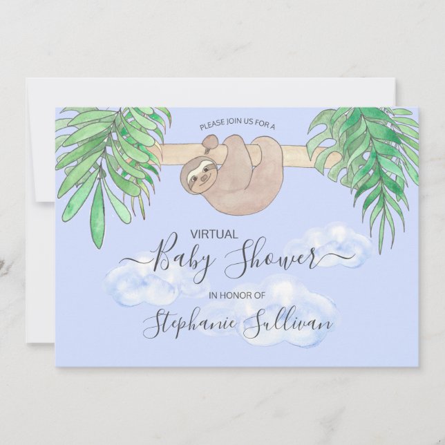 Cute Blue Baby Boy Sloth Virtual Baby Shower Invitation (Front)
