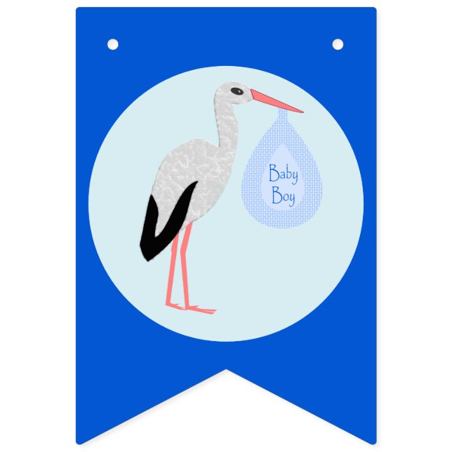 Cute Blue Baby Boy Stork Baby Shower Bunting (First Flag)