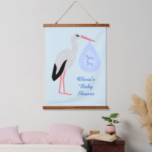 Cute Blue Baby Boy Stork Baby Shower Custom Hanging Tapestry
