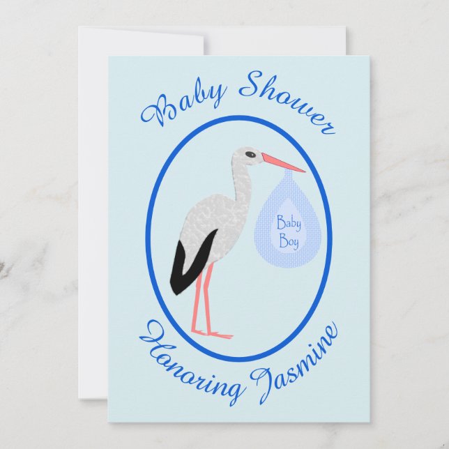 Cute Blue Baby Boy Stork Baby Shower Custom Invitation (Front)