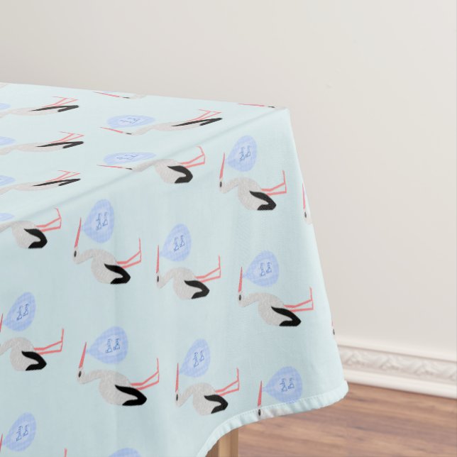 Cute Blue Baby Boy Stork Baby Shower Tablecloth (In Situ)