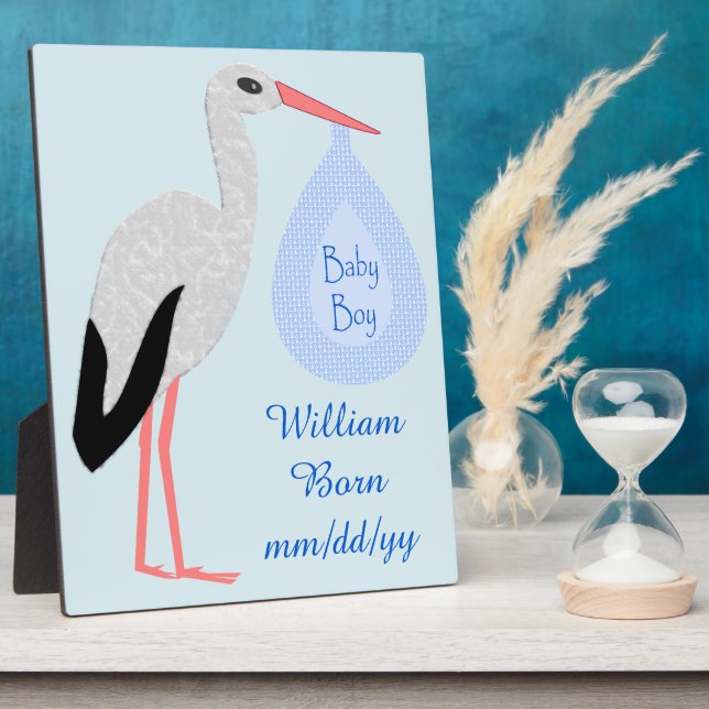 Cute Blue Baby Boy Stork Birth Announcement Plaque (Side)