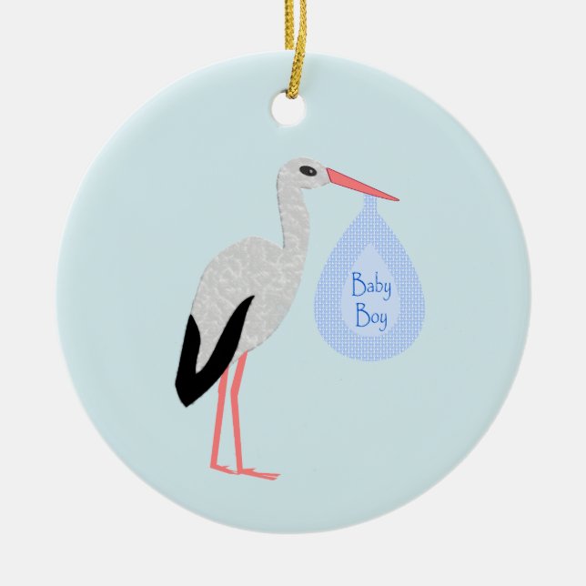 Cute Blue Baby Boy Stork Ceramic Tree Decoration (Front)