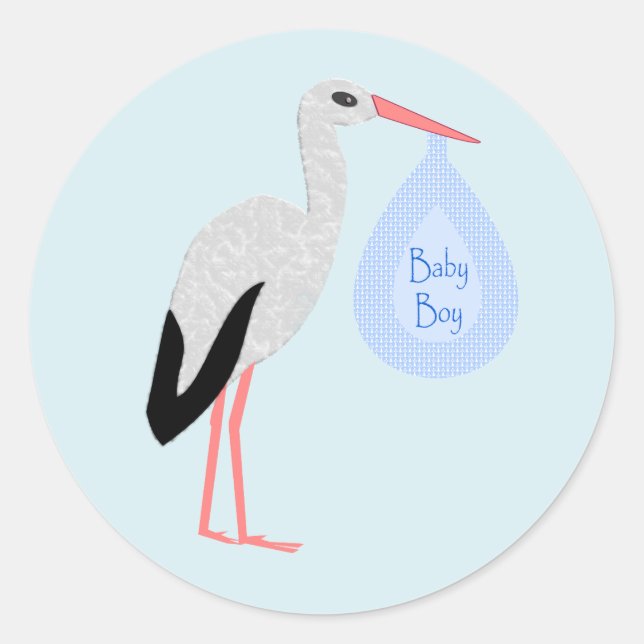 Cute Blue Baby Boy Stork Classic Round Sticker (Front)
