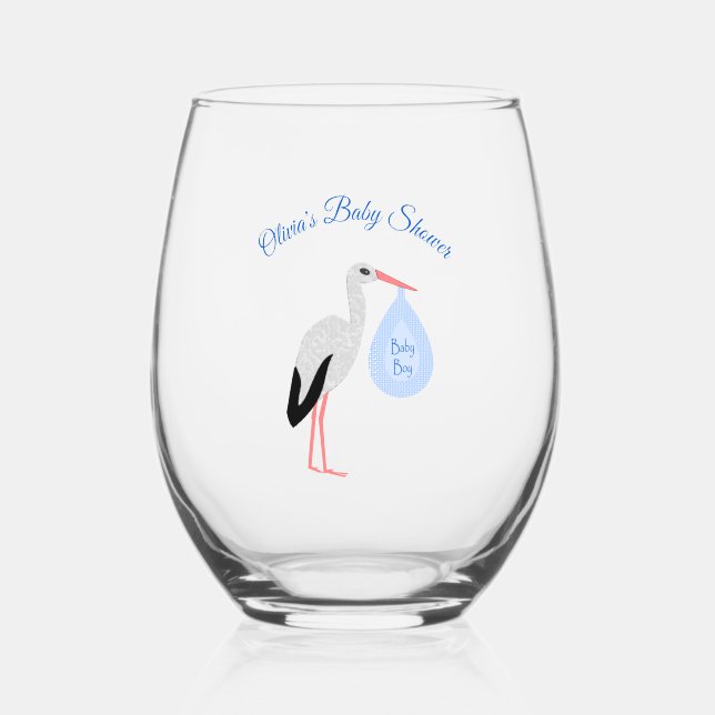 Cute Blue Baby Boy Stork Custom Baby Shower Stemless Wine Glass (Front)