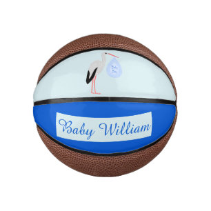 Cute Blue Baby Boy Stork Custom Mini Basketball
