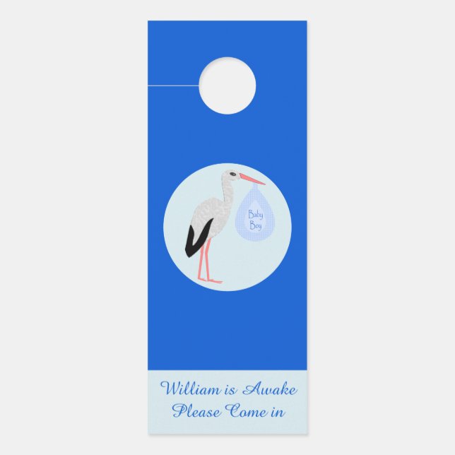 Cute Blue Baby Boy Stork Custom Nursery Door Hanger (Front)
