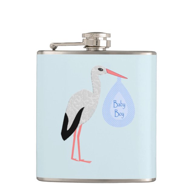 Cute Blue Baby Boy Stork Hip Flask (Front)