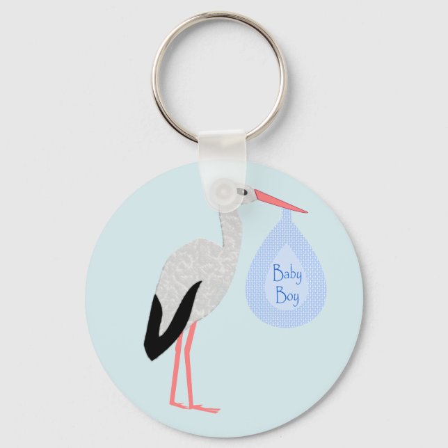 Cute Blue Baby Boy Stork Key Ring (Front)