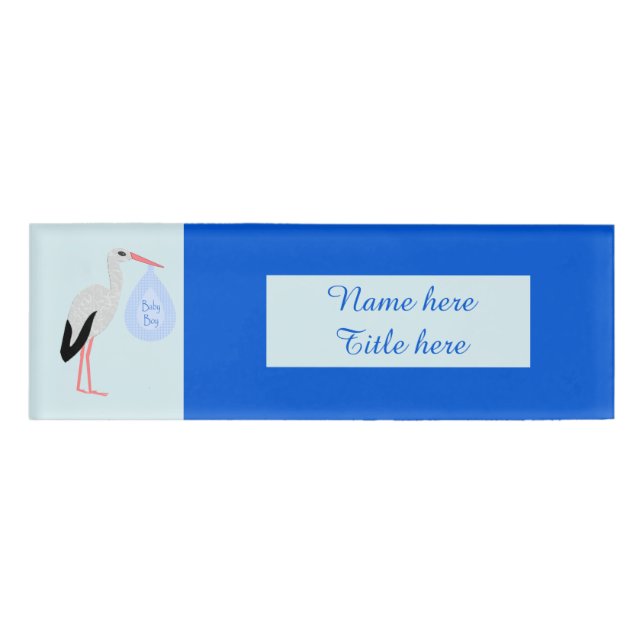 Cute Blue Baby Boy Stork Name Tag (Front)
