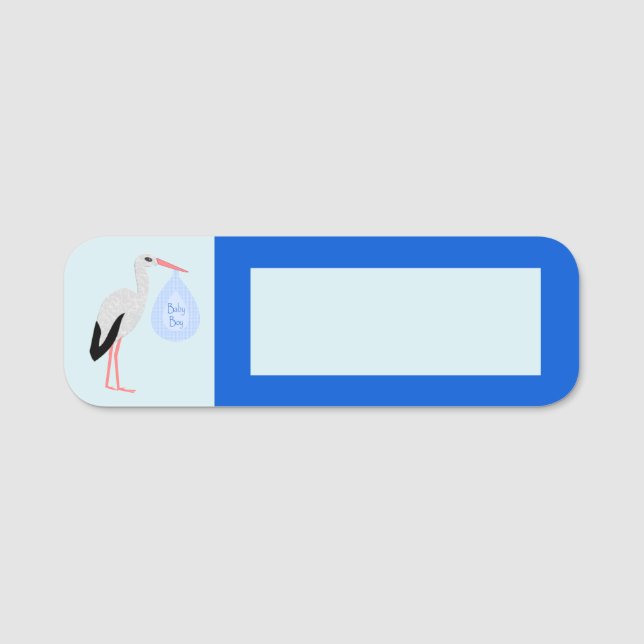 Cute Blue Baby Boy Stork Name Tag (Front)