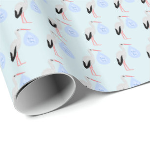 Cute Blue Baby Boy Stork Wrapping Paper