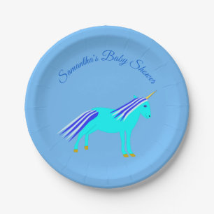 Cute Blue Baby Boy Unicorn Baby Shower Custom Paper Plate