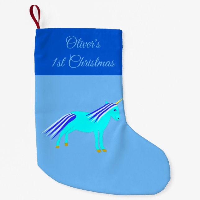 Cute Blue Baby Boy Unicorn Custom 1st Christmas Small Christmas Stocking (Front)