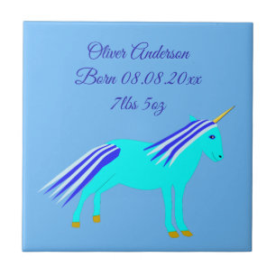 Cute Blue Baby Boy Unicorn Custom Birth Tile