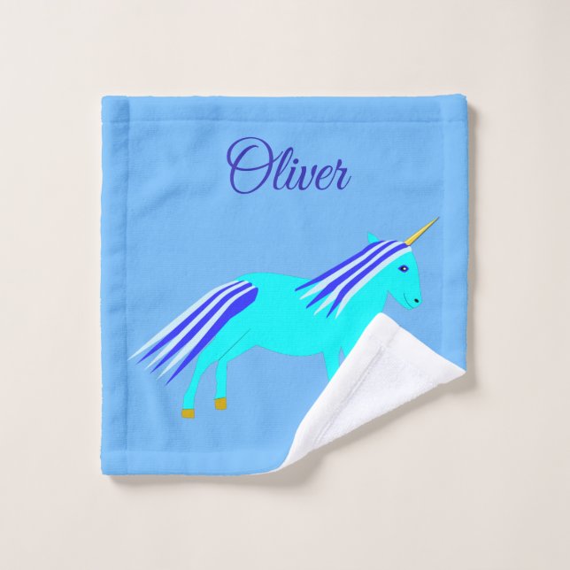 Cute Blue Baby Boy Unicorn Custom Name Wash Cloth (Wash Cloth)