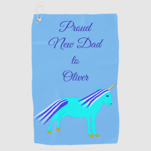 Cute Blue Baby Boy Unicorn New Dad Custom Golf Tow Towel