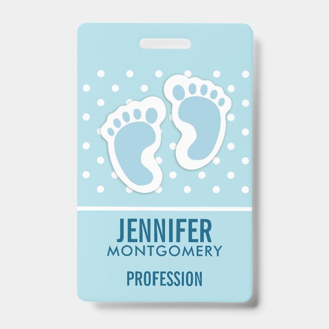 Cute Blue Baby Boy's Feet Illustration ID Badge (Front)