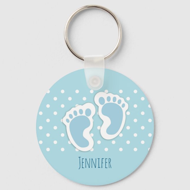 Cute Blue Baby Boy's Feet Illustration Key Ring (Front)