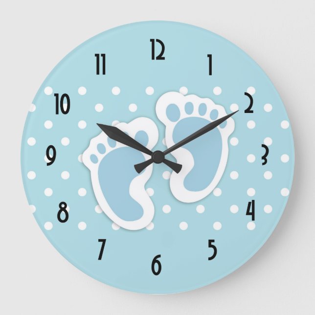 Cute Blue Baby Boy's Feet Illustration Large Clock (Front)